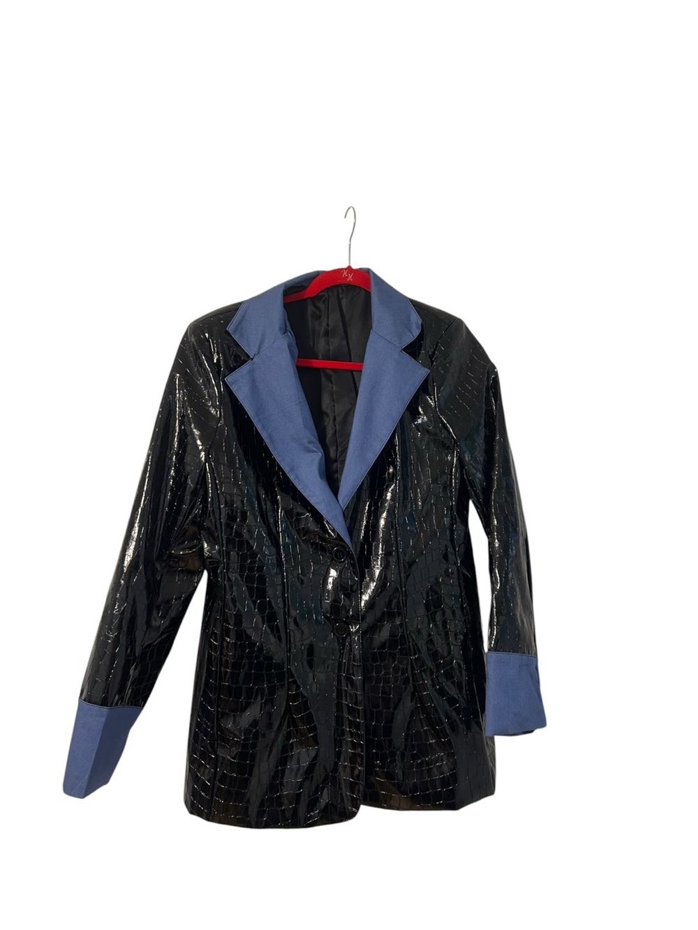 NWT ATTRIME black blue faux crocodile embossed faux leather blazer Size L